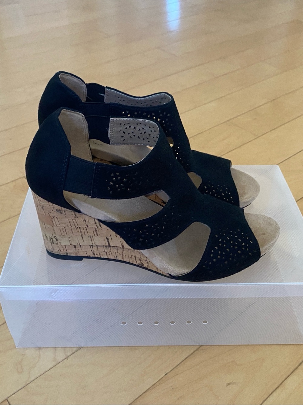 Life Stride Black Laser-Cut Cork Wedge Sandals - Picture 3 of 8